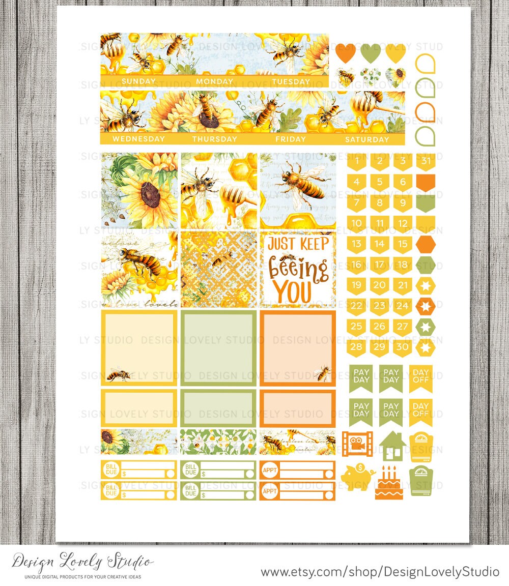 PRINTABLE Happy Planner Monthly Stickers Kit Honey Bee - Etsy