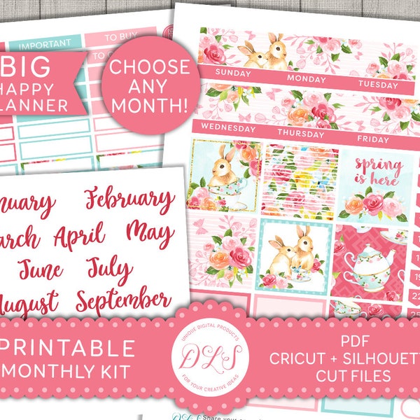 Printable SPRING Monthly Planner Stickers, Big Happy Planner Monthly Stickers Kit, Floral Monthly Planner Stickers, Cut Files, BM177