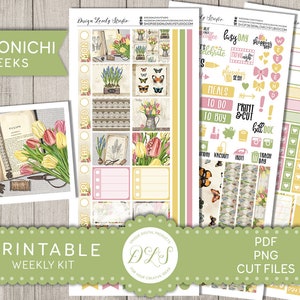 Kit de pegatinas imprimible SPRING Planner, kit de semanas Hobonichi imprimible, pegatinas de planificador floral, kit de pegatinas semanales de abril, archivos de corte, HO143