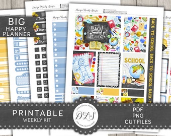 Printable BACK TO SCHOOL Planner Stickers, Big Happy Planner Weekly Stickers Kit, Student Planner Stickers, School Planner Kit, BW145