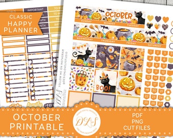 May include: Printable October planner with a Halloween theme. The planner includes a calendar, daily boxes, and a variety of cute Halloween-themed stickers. The stickers feature pumpkins, bats, cats, and candy corn.