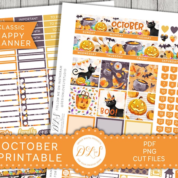 Printable OCTOBER Monthly Planner Stickers Kit, Happy Planner October Kit, Fall Monthly Kit, Halloween Planner Printable, Cut Files, HPMV169