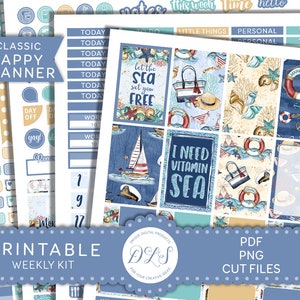 Beach Day Planner Stickers, Happy Planner Printable Stickers Kit, Summer Planner Stickers, Nautical Planner Stickers, Weekly Kit, HP167
