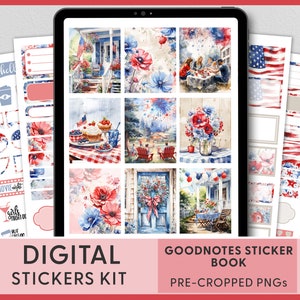 4 juli-stickers, digitale plannerstickers, Goodnotes-stickers, voorgesneden stickers, iPad-stickers, Independence Day, bloemen, DG160