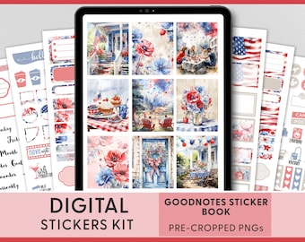 7 月 4 日ステッカー、デジタル プランナー ステッカー、Goodnotes ステッカー、事前に切り取られたステッカー、iPad ステッカー、独立記念日、花柄、DG160