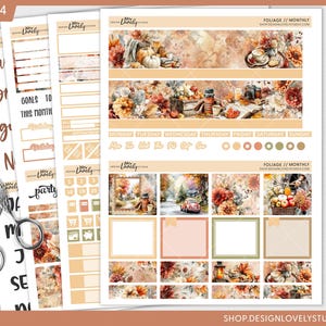 May include: A collection of decorative planner stickers with a fall foliage theme. The stickers feature watercolor illustrations of pumpkins, flowers, and autumn scenes in shades of orange, brown, and beige. Includes calendar, goal setting, and decorative elements.