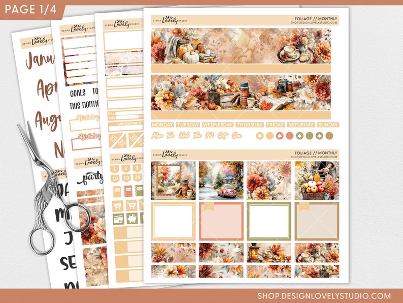 May include: A collection of decorative planner stickers with a fall foliage theme. The stickers feature watercolor illustrations of pumpkins, flowers, and autumn scenes in shades of orange, brown, and beige. Includes calendar, goal setting, and decorative elements.