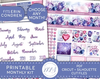 Peut inclure: Kit de planificateur mensuel imprimable avec un design aquarelle représentant des cristaux violets et roses, des étoiles et le texte "Just sparkles". Le kit comprend une page de titre avec le texte "Fits Erin Condren" et une page de calendrier avec le texte "Choisissez n'importe quel mois !"