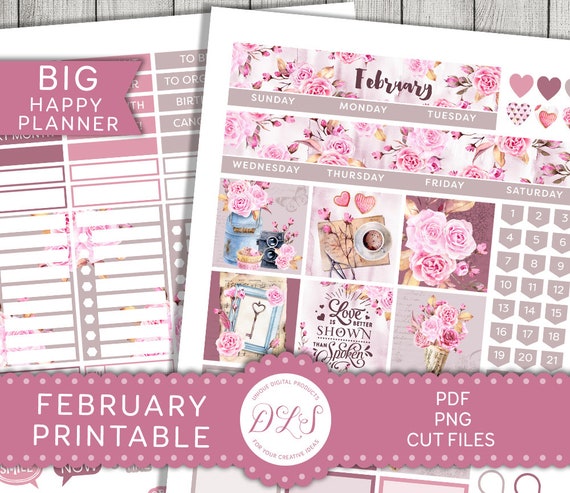 FEBRUARY Monthly Planner Kit, Big Happy Planner Printable Stickers,  Valentine's Day Planner Stickers, Monthly Stickers Kit, BM204 