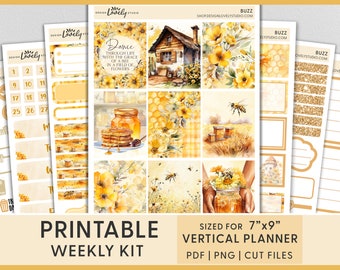 Honey Bee Printable Planner Stickers, Spring Deco Stickers, Vertical Weekly Sticker Kit, Floral Journal Stickers, ECLP Stickers, VS252