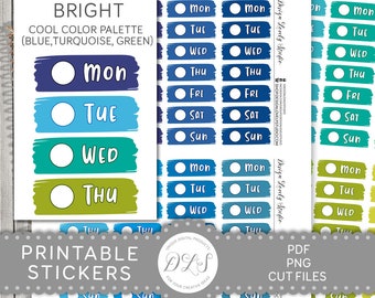 May include: Printable stickers with a blue, turquoise, and green color palette. The stickers feature the days of the week, Monday through Sunday, with a circle for checking off tasks.