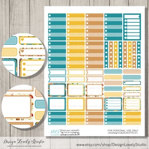 May include: A set of printable planner stickers featuring a fall theme with mushrooms, leaves, and acorns. The stickers are in shades of brown, yellow, teal, and white. The stickers include various shapes, such as circles, squares, and rectangles. The stickers are designed for personal use only.