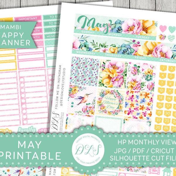 May Monthly Kit, May HAPPY PLANNER Stickers, Mambi Stickers May, Printable May Stickers, Floral Spring Planner, Mambi PDF, Cricut, Hpmv124