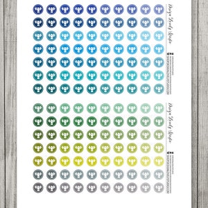 May include: A sheet of 100 round stickers with a white dumbbell icon in the center. The stickers are in shades of blue, green, yellow, and gray.
