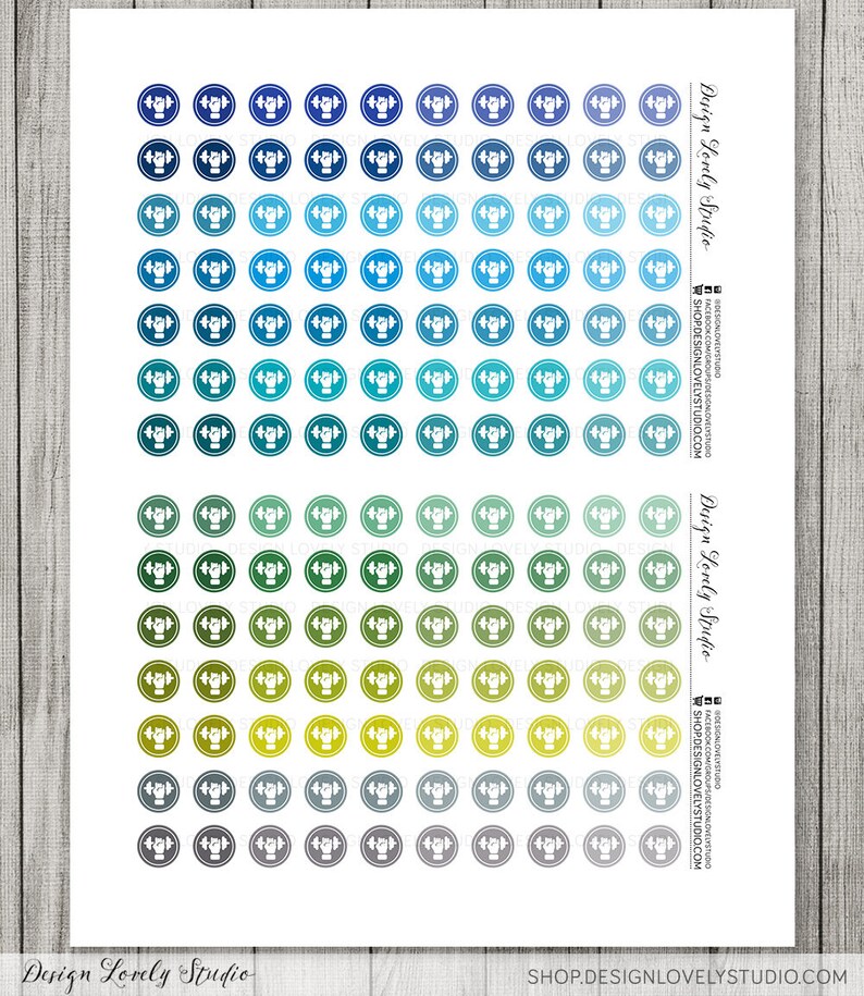 May include: A sheet of 100 round stickers with a white dumbbell icon in the center. The stickers are in shades of blue, green, yellow, and gray.