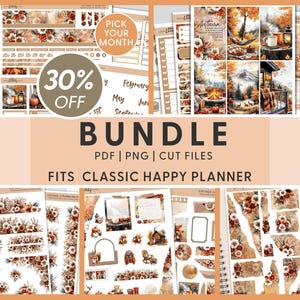 May include: A planner sticker bundle with an autumnal theme. The stickers feature floral designs, illustrations of cosy scenes, and the word "Autumn". The bundle includes PDF, PNG, and cut files, and fits a Classic Happy Planner. There is a 30% off promotion.