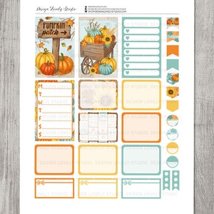 May include: A set of printable fall-themed planner stickers featuring a pumpkin patch sign, a wheelbarrow full of pumpkins, sunflowers, and various shapes and sizes of boxes and labels. The stickers are in shades of orange, yellow, brown, blue, and green.