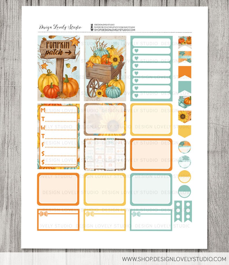 May include: A set of printable fall-themed planner stickers featuring a pumpkin patch sign, a wheelbarrow full of pumpkins, sunflowers, and various shapes and sizes of boxes and labels. The stickers are in shades of orange, yellow, brown, blue, and green.