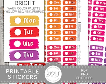May include: Printable stickers with a bright color palette of yellow, red, pink, and purple. The stickers are designed for a weekly planner and feature the days of the week: Monday, Tuesday, Wednesday, Thursday, Friday, Saturday, and Sunday.