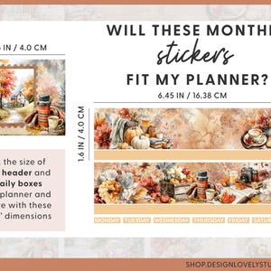May include: Planner stickers with fall-themed illustrations. The image includes a decorative border with a cozy autumn scene, a coffee mug, and the text "WILL THESE MONTHLY stickers FIT MY PLANNER?" Dimensions are provided in inches and centimeters.