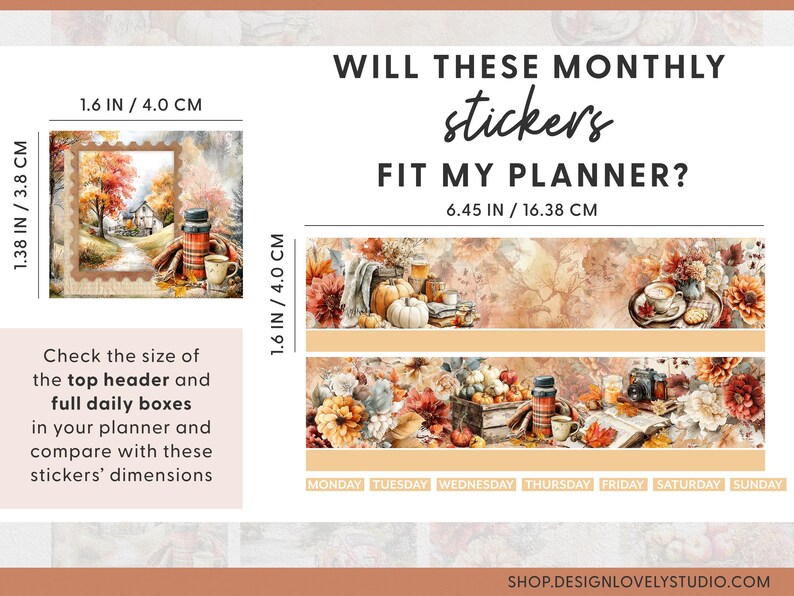 May include: Planner stickers with fall-themed illustrations. The image includes a decorative border with a cozy autumn scene, a coffee mug, and the text "WILL THESE MONTHLY stickers FIT MY PLANNER?" Dimensions are provided in inches and centimeters.