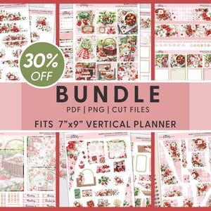 May include: A digital planner sticker bundle featuring a red and white berry and floral theme. The bundle includes a variety of stickers, including boxes, banners, and decorative elements. The stickers are designed to fit a 7 inch by 9 inch vertical planner. The text "30% OFF BUNDLE PDF | PNG | CUT FILES FITS 7"x9" VERTICAL PLANNER" is displayed on the image. The text "PICK YOUR MONTH January February April May August September November" is also displayed on the image.