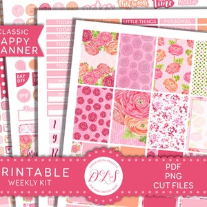 Happy Planner PRINTABLE Weekly Kit, Pink Floral Planner Stickers, Happy Planner Printable Stickers, Spring Planner Kit, Cut Files, HP162