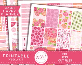 Happy Planner PRINTABLE Weekly Kit, Pink Floral Planner Stickers, Happy Planner Printable Stickers, Spring Planner Kit, Cut Files, HP162