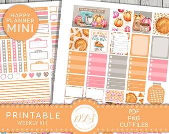 May include: Printable planner stickers with a fall theme. The stickers feature pumpkins, pie, and fall colors. The text on the stickers says "I'm here just for the pie" and "Be grateful give thanks eat pie repeat".