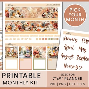 May include: Printable monthly kit with a fall theme. The kit includes planner stickers, decorative elements, and calendar labels. The design features watercolor illustrations of pumpkins, flowers, and autumn scenes. The kit is sized for a 7"x9" planner.