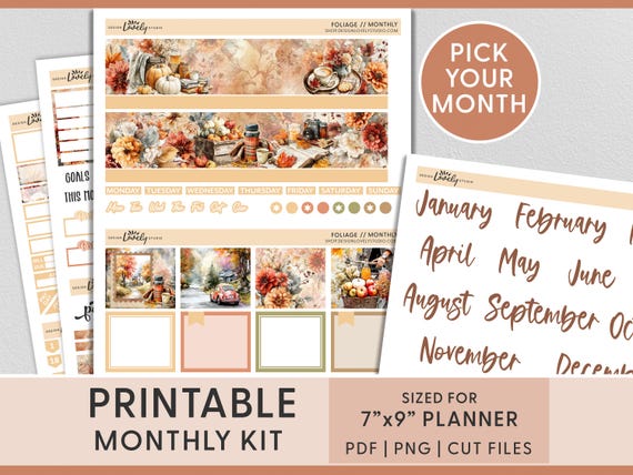 Fall Foliage Monthly Kit, September & October Printable Planner Stickers for Erin Condren, Autumn Leaves,  Cozy Countryside,  MV279