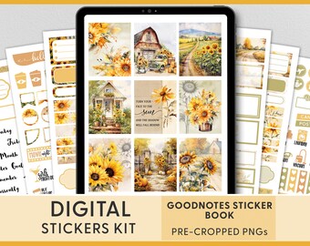 Pode incluir: Kit de adesivos digitais para Goodnotes com um estilo de aquarela com girassóis, casas de campo e uma citação sobre virar o rosto para o sol. Os adesivos são PNGs pré-cortados.