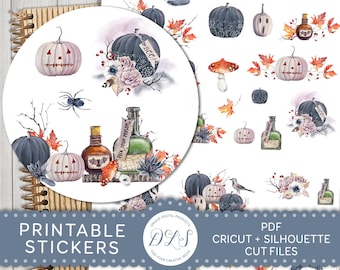 Printable Halloween Planner Stickers, Halloween Scrapbook Stickers, October Planner Stickers, Spooky Planner Stickers, Cut Files, DS133