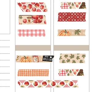 May include: A set of 10 washi tape rolls with autumnal themes. The tapes feature designs of apples, pumpkins, plaid, leaves, and the text "Hot Apple Cider". The tapes are 1.5 inches wide and 1.9 inches long.