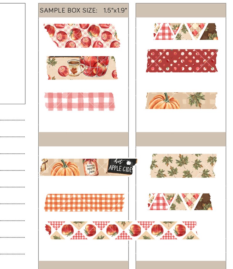 May include: A set of 10 washi tape rolls with autumnal themes. The tapes feature designs of apples, pumpkins, plaid, leaves, and the text "Hot Apple Cider". The tapes are 1.5 inches wide and 1.9 inches long.
