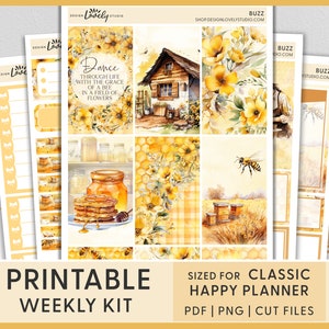 Pegatinas del planificador imprimibles de abejas de miel, pegatinas del planificador feliz, pegatinas amarillas, pegatinas florales de primavera, kit de pegatinas semanales, HP259