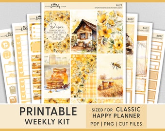 Honey Bee Printable Planner Stickers, Happy Planner Stickers, Yellow Stickers, Spring Floral Stickers, Weekly Sticker Kit, HP259