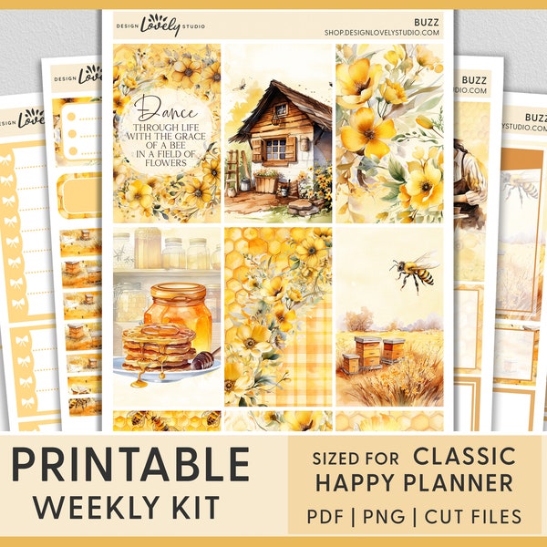 Honey Bee Printable Planner Stickers, Happy Planner Stickers, Yellow Stickers, Spring Floral Stickers, Weekly Sticker Kit, HP259