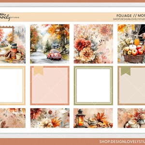May include: A sheet of stickers with watercolor illustrations of autumn scenes. The designs include a red car on a road, flowers, a thermos, and a basket of apples. The text "FOLIAGE // MONTHLY" and "SHOP.DESIGNLOVELYSTUDIO.COM" are also present.