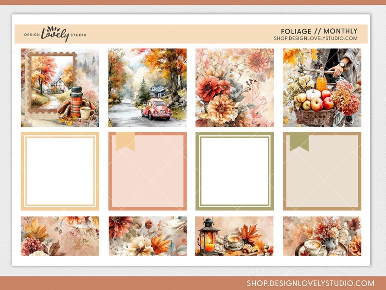 May include: A sheet of stickers with watercolor illustrations of autumn scenes. The designs include a red car on a road, flowers, a thermos, and a basket of apples. The text "FOLIAGE // MONTHLY" and "SHOP.DESIGNLOVELYSTUDIO.COM" are also present.