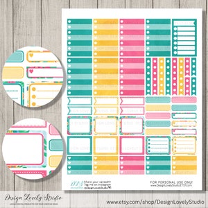 May include: A sheet of printable planner stickers with a tropical theme. The stickers are in various shapes and sizes, including circles, squares, rectangles, and banners. The stickers are decorated with a floral pattern in shades of teal, pink, yellow, and white. The text "Design Lovely Studio" appears at the bottom of the sheet.