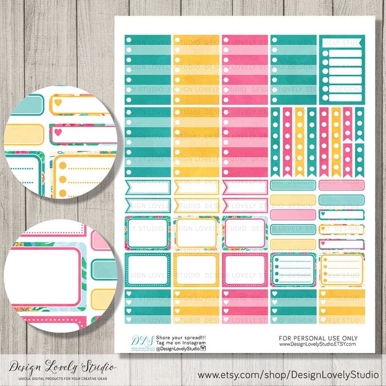May include: A sheet of printable planner stickers with a tropical theme. The stickers are in various shapes and sizes, including circles, squares, rectangles, and banners. The stickers are decorated with a floral pattern in shades of teal, pink, yellow, and white. The text "Design Lovely Studio" appears at the bottom of the sheet.
