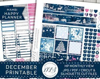DECEMBER Monthly View Stickers Kit Mambi Happy Planner Printable Stickers Winter Planner Glitter Silhouette and Cricut Cut Files HPMV111
