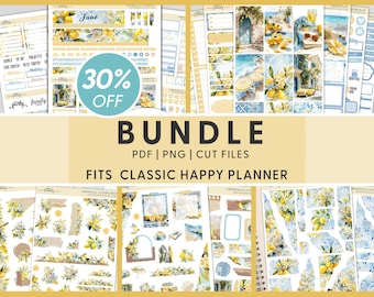 Pacchetto di adesivi stampabili con limoni, settimanali, mensili, per journaling, kit floreali per Happy Planner, tema spiaggia, oceano e Mediterraneo, BH161
