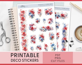 Floral Stickers, Journaling Stickers, Independence Day Deco Stickers, Printable Planner Stickers, Bullet Journal, Red, Blue, JS154