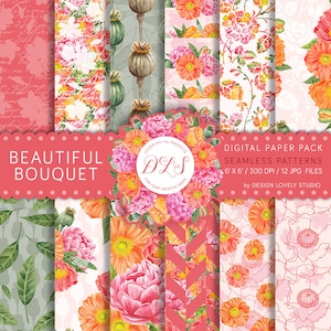 Floral Digital Paper: &quot;Beautiful Bouquet&quot; Poppies Background Pink Peonies Digital Floral Scrapbook Red Pink Green Seamless Patterns DP108