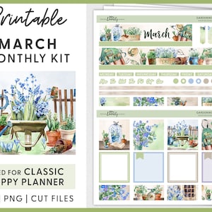Può includere: Kit di pianificatore mensile di marzo stampabile a tema giardinaggio. Il kit include una varietà di adesivi ed elementi decorativi con fiori blu, attrezzi da giardino e un carretto. Il kit è dimensionato per il Classic Happy Planner.