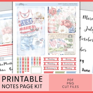 4th of July Notes Page Kit – Printable Planner Stickers for Erin Condren, Patriotic Stars & Stripes, Summer BBQ, July Monthly Spread, ECN296