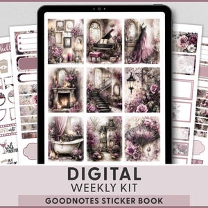 May include: Digital weekly kit for GoodNotes, featuring a variety of stickers with a vintage aesthetic. The kit includes images of a piano, a dress, a fireplace, and a staircase, all in shades of pink and purple. The text "DIGITAL WEEKLY KIT GOODNOTES STICKER BOOK" is visible.