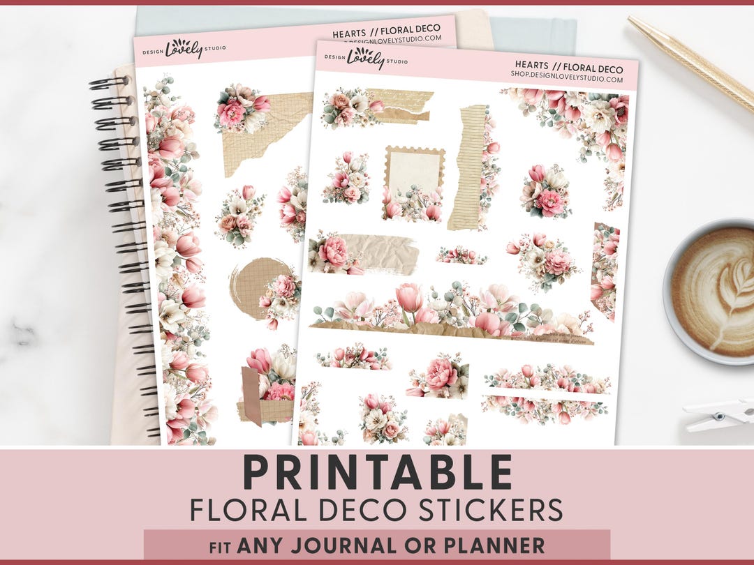 Floral Deco Printable Stickers, Valentine Planner Stickers for ...